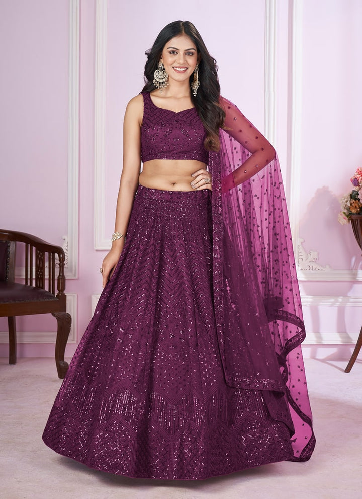 Lassya Fashion  Purple Sequins and Thread Embroidered Engagement Lehenga