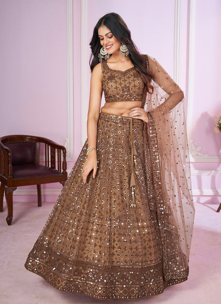 Lassya Fashion  Beige Brown Sequins and Thread Embroidered Engagement Lehenga