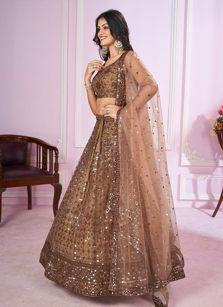 Lassya Fashion  Beige Brown Sequins and Thread Embroidered Engagement Lehenga