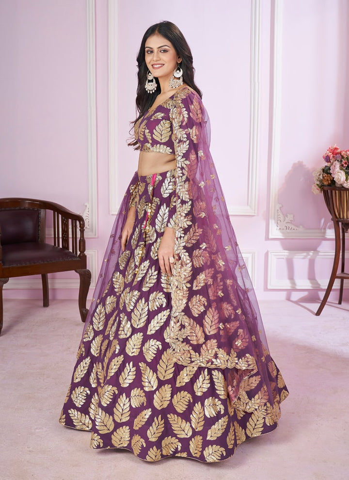 Lassya Fashion  Purple Sequins and Thread Embroidered Engagement Lehenga