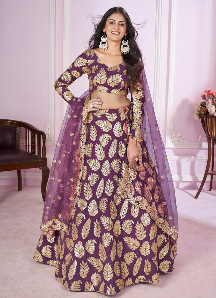 Lassya Fashion  Purple Sequins and Thread Embroidered Engagement Lehenga