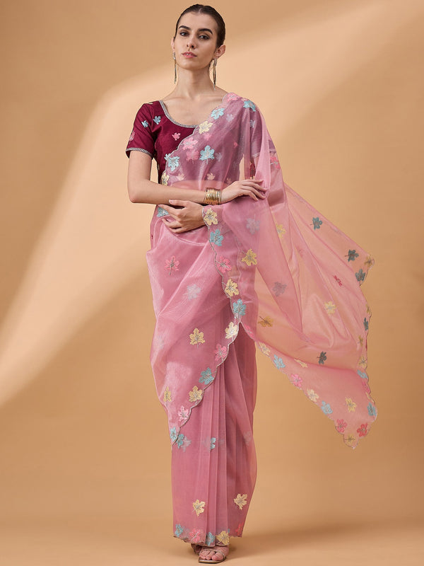 Lassya Fashion Baby Pink Party Wear Saree with Floral and Checked Pattern