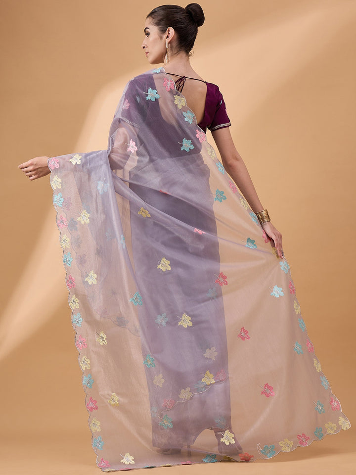 Lassya Fashion Electric Lavender Party Wear Saree with Floral and Checked Pattern