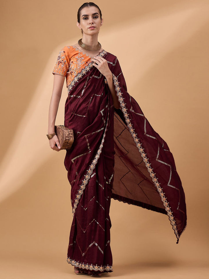 Lassya Fashion Brown Party Wear Saree with Floral and Checked Pattern