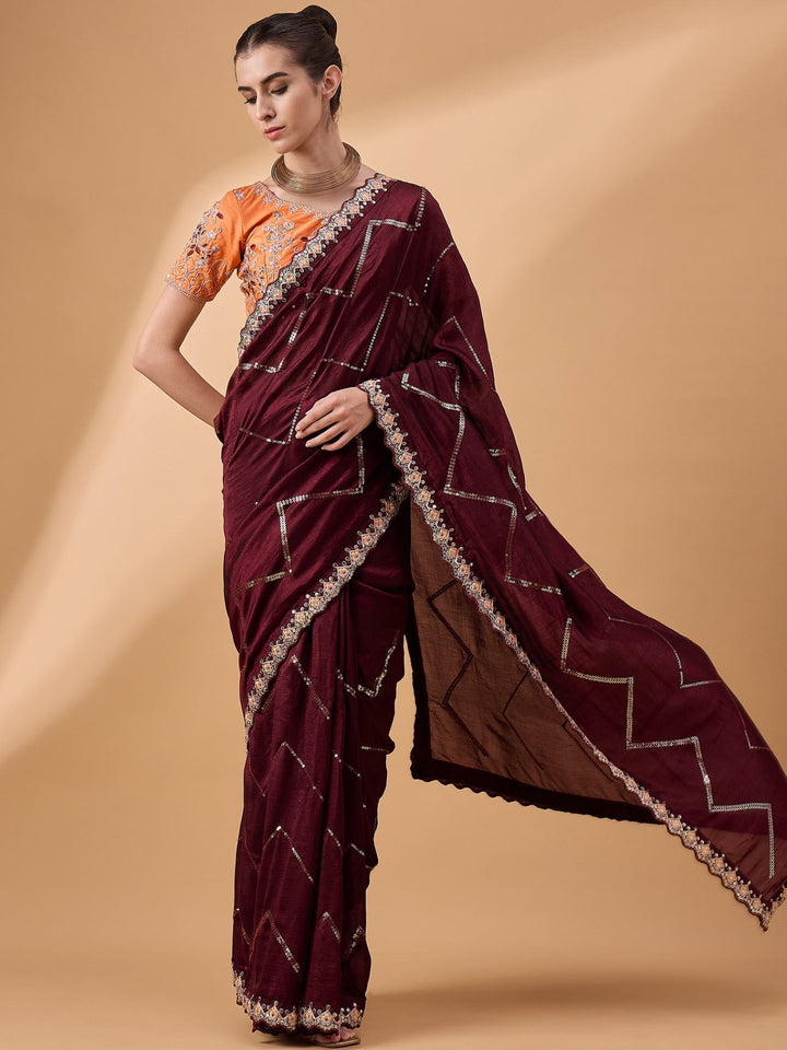 Lassya Fashion Brown Party Wear Saree with Floral and Checked Pattern