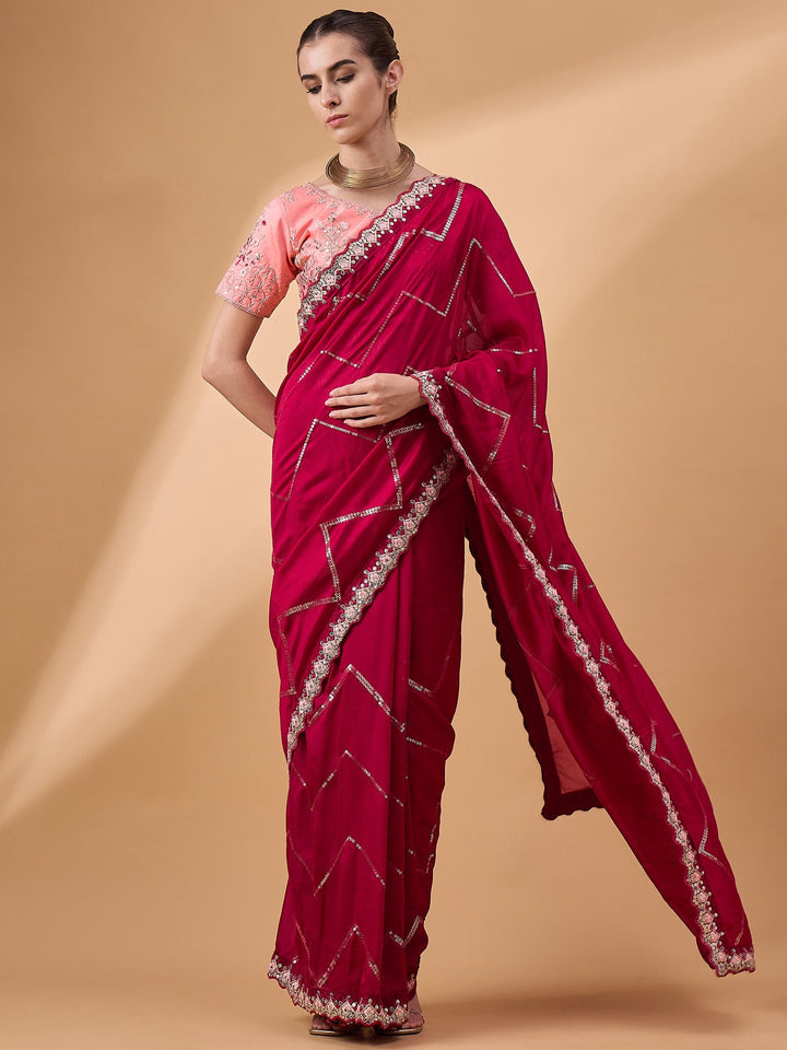 Lassya Fashion Hot Pink Party Wear Saree with Floral and Checked Pattern