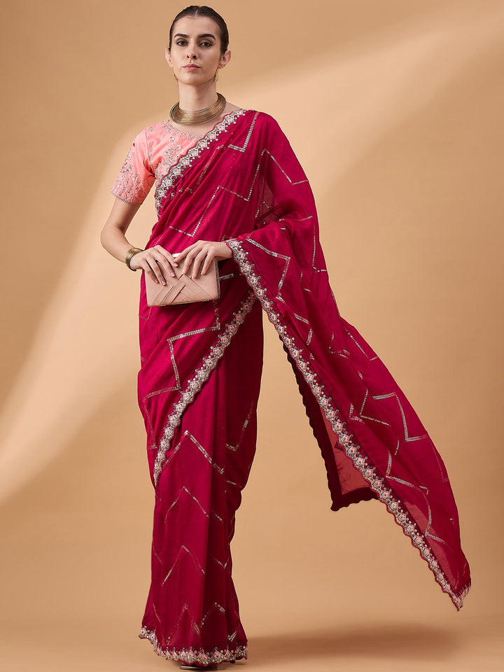 Lassya Fashion Hot Pink Party Wear Saree with Floral and Checked Pattern