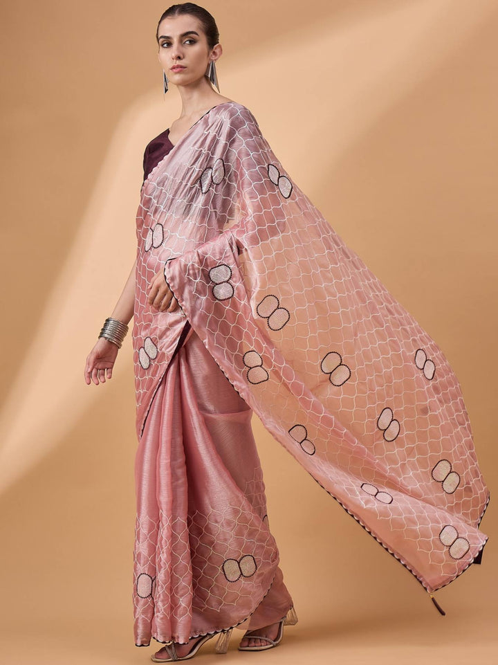 Lassya Fashion Peach Pink Party Wear Saree with Floral and Checked Pattern