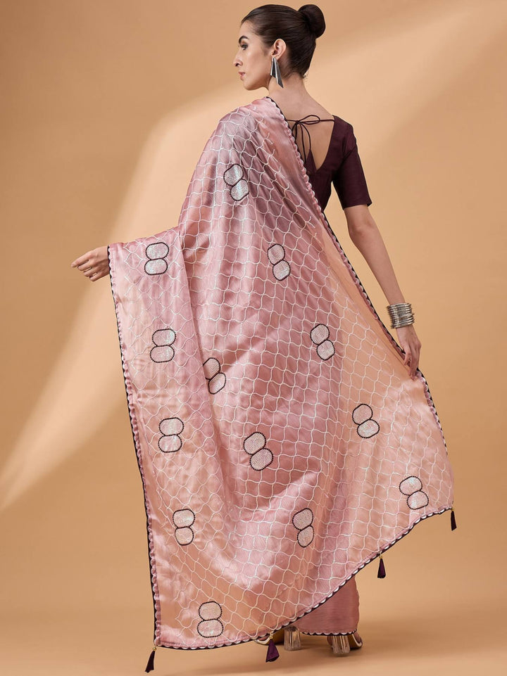 Lassya Fashion Peach Pink Party Wear Saree with Floral and Checked Pattern