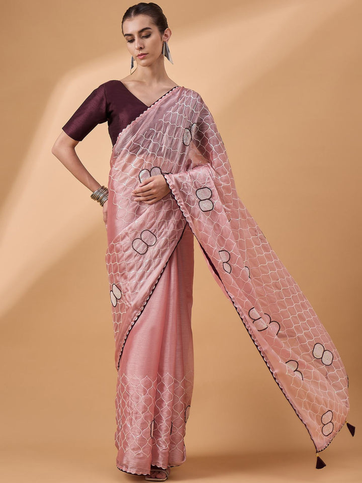 Lassya Fashion Peach Pink Party Wear Saree with Floral and Checked Pattern