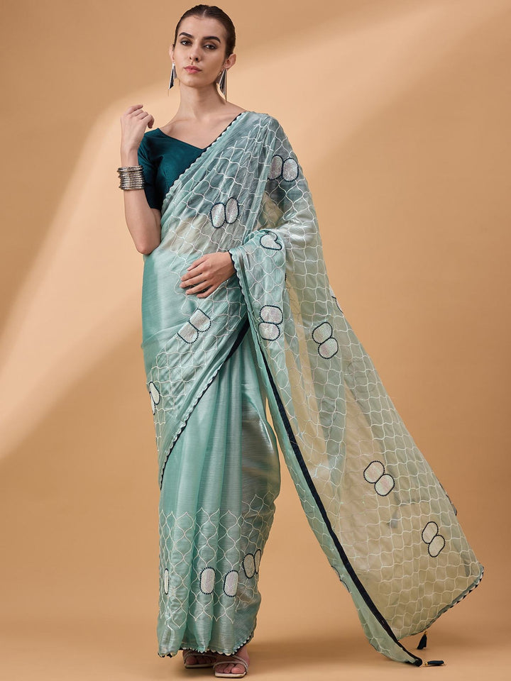 Lassya Fashion Sea Green Party Wear Saree with Floral and Checked Pattern