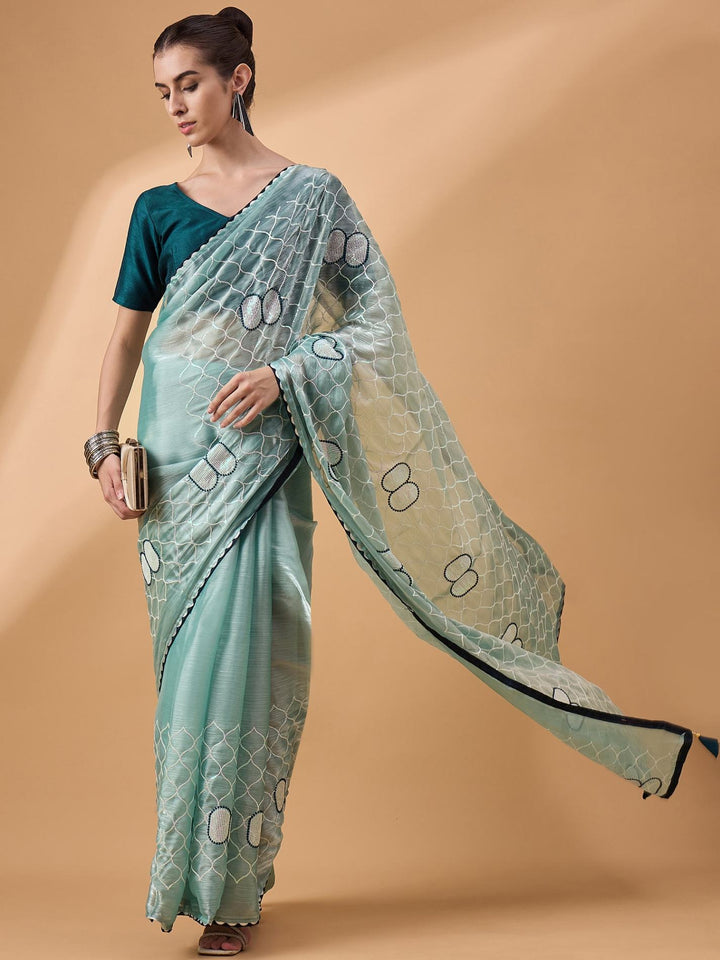 Lassya Fashion Sea Green Party Wear Saree with Floral and Checked Pattern