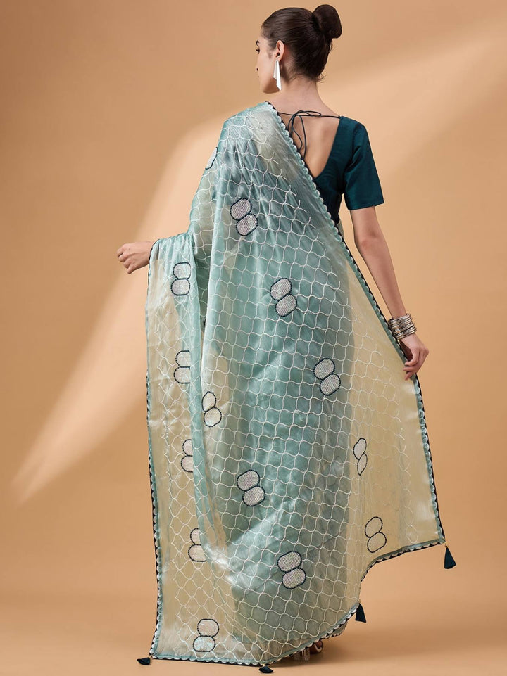 Lassya Fashion Sea Green Party Wear Saree with Floral and Checked Pattern