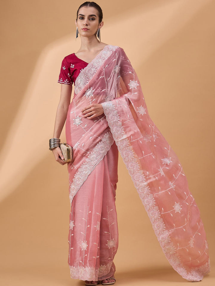 Lassya Fashion Salmon Pink Party Wear Saree with Floral and Checked Pattern