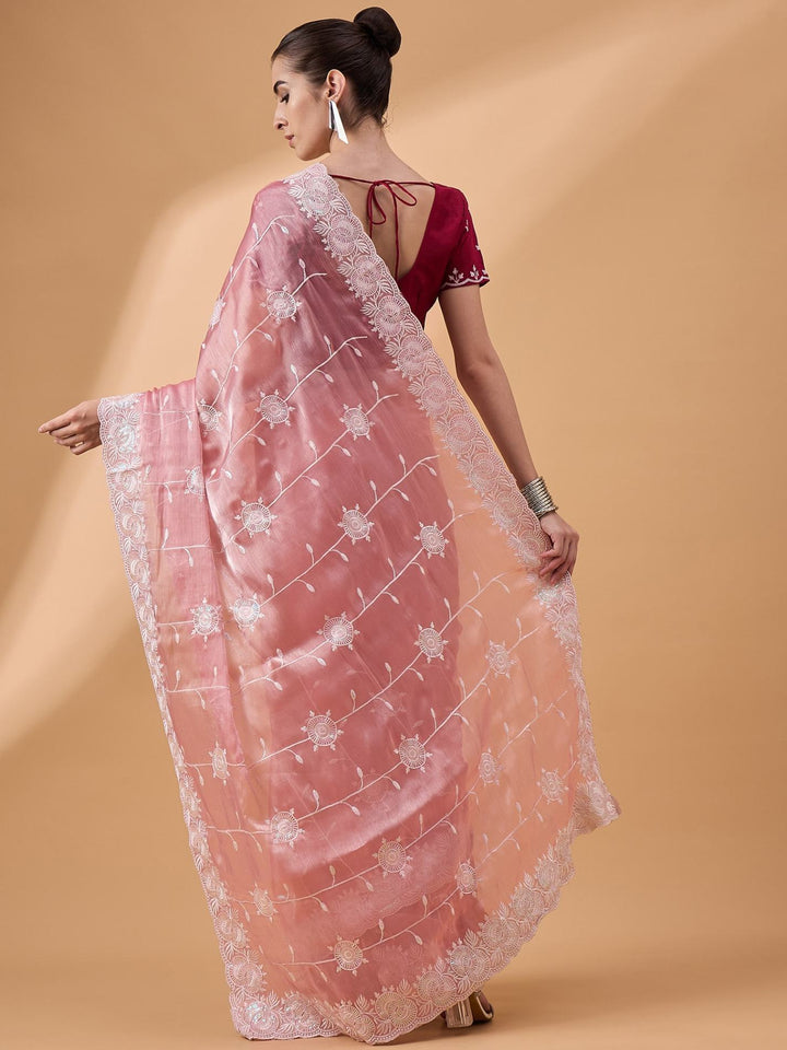 Lassya Fashion Salmon Pink Party Wear Saree with Floral and Checked Pattern