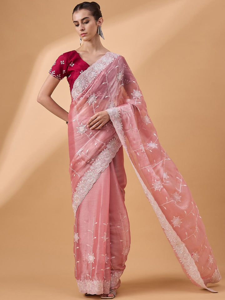 Lassya Fashion Salmon Pink Party Wear Saree with Floral and Checked Pattern