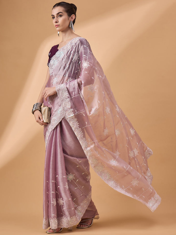 Lassya Fashion Dusty Pink Party Wear Saree with Floral and Checked Pattern