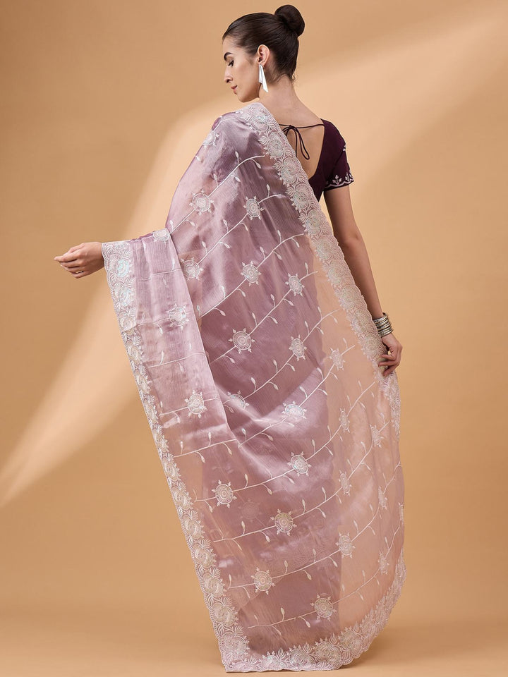 Lassya Fashion Dusty Pink Party Wear Saree with Floral and Checked Pattern