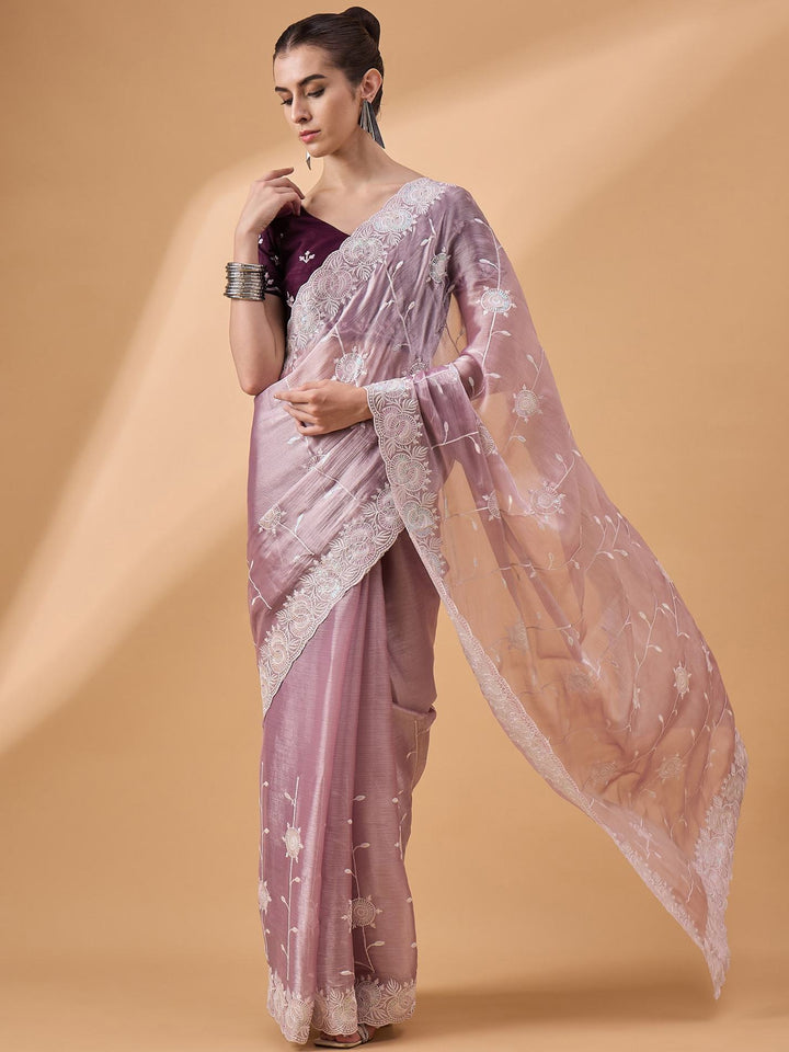 Lassya Fashion Dusty Pink Party Wear Saree with Floral and Checked Pattern