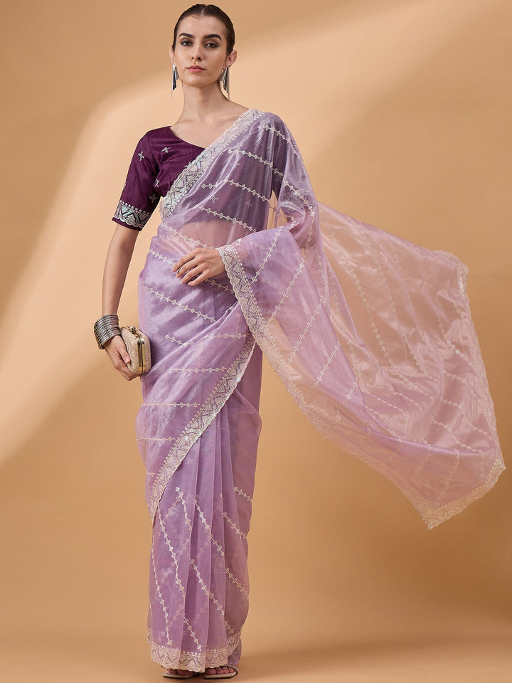 Lassya Fashion Light Lavender Party Wear Saree with Floral and Checked Pattern