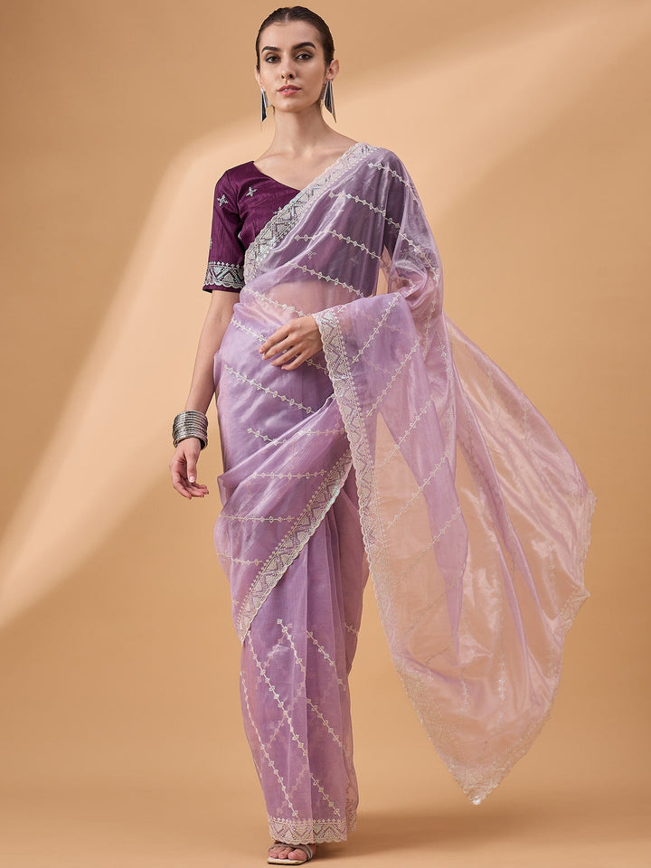 Lassya Fashion Light Lavender Party Wear Saree with Floral and Checked Pattern