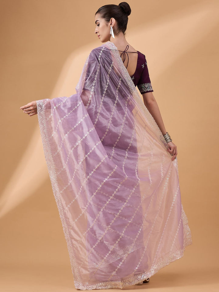 Lassya Fashion Light Lavender Party Wear Saree with Floral and Checked Pattern