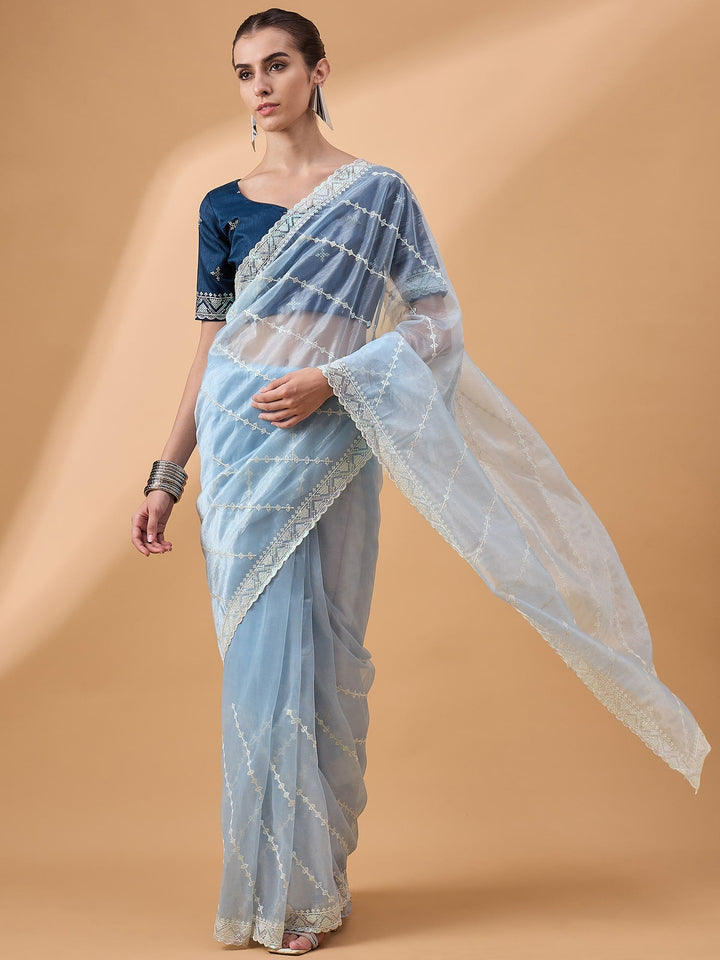 Lassya Fashion Sky Blue Party Wear Saree with Floral and Checked Pattern