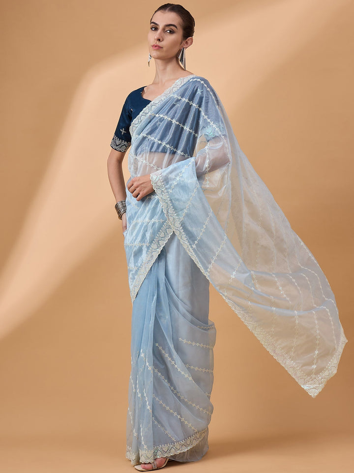 Lassya Fashion Sky Blue Party Wear Saree with Floral and Checked Pattern