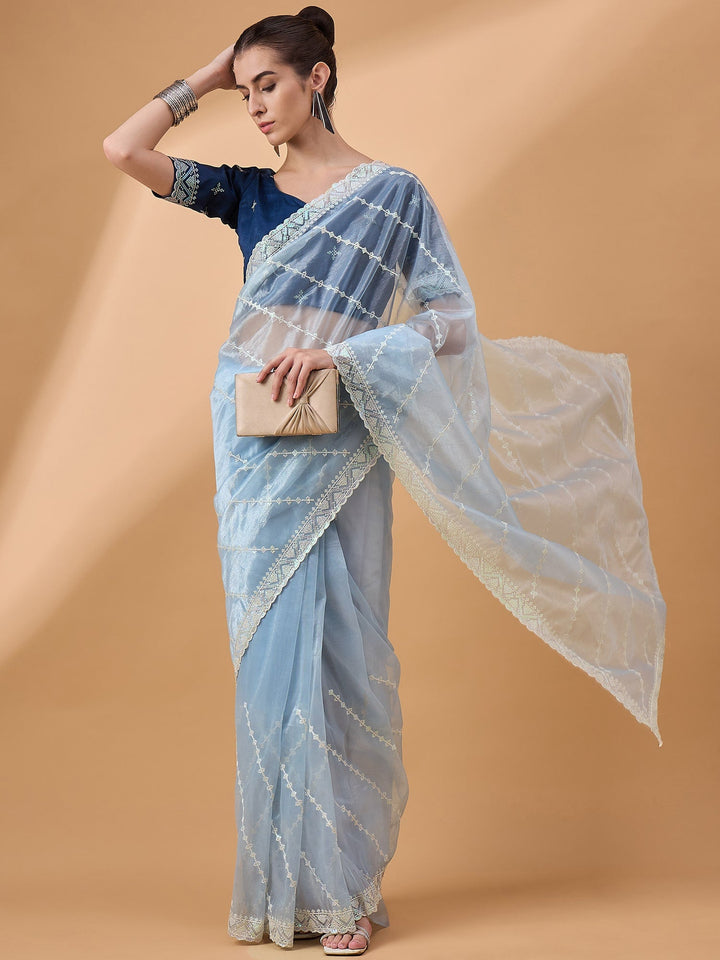 Lassya Fashion Sky Blue Party Wear Saree with Floral and Checked Pattern