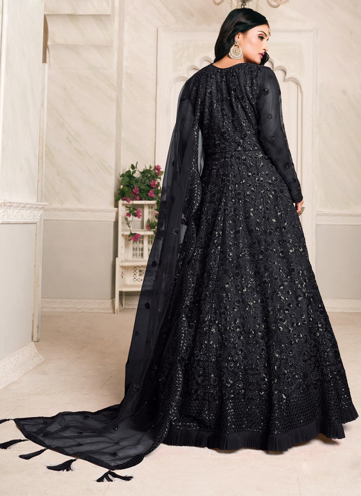 Lassya Fashion Black Elegant Anarkali Dress with Net Top and Dupatta