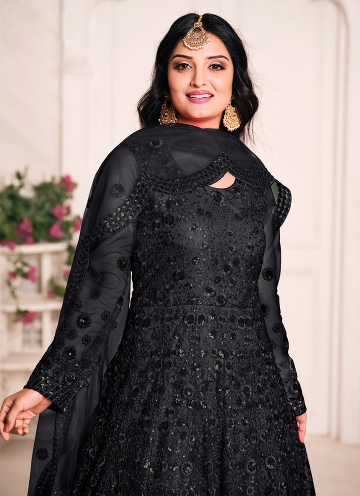 Lassya Fashion Black Elegant Anarkali Dress with Net Top and Dupatta