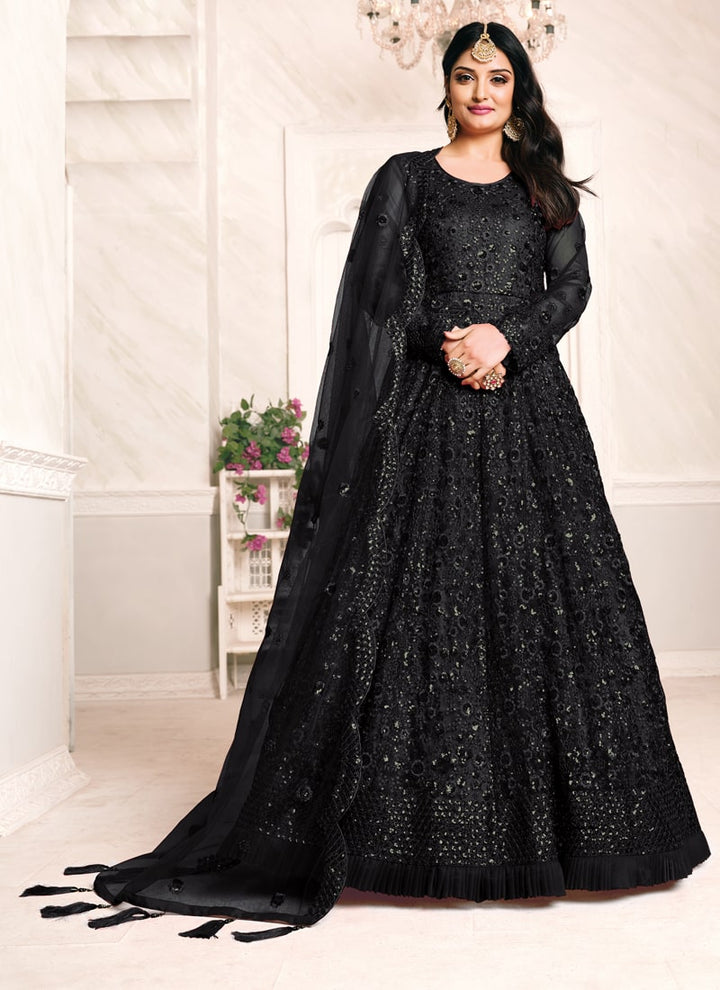 Lassya Fashion Black Elegant Anarkali Dress with Net Top and Dupatta