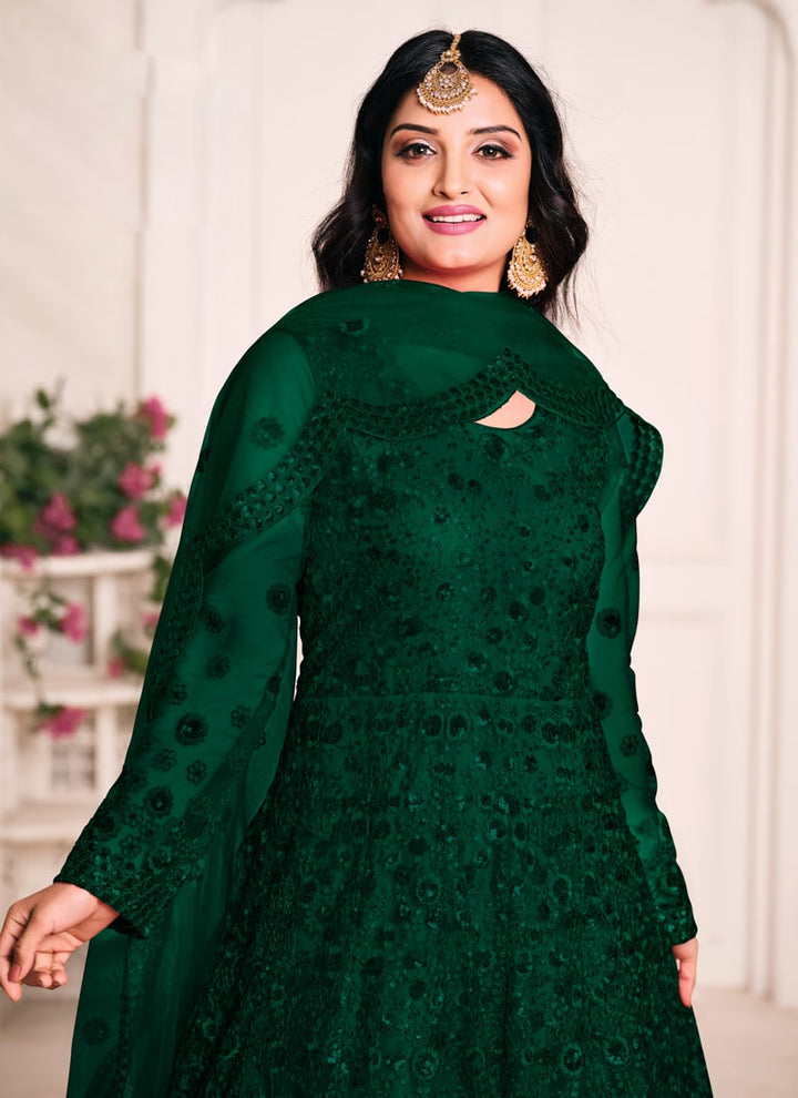 Lassya Fashion Green Elegant Anarkali Dress with Net Top and Dupatta