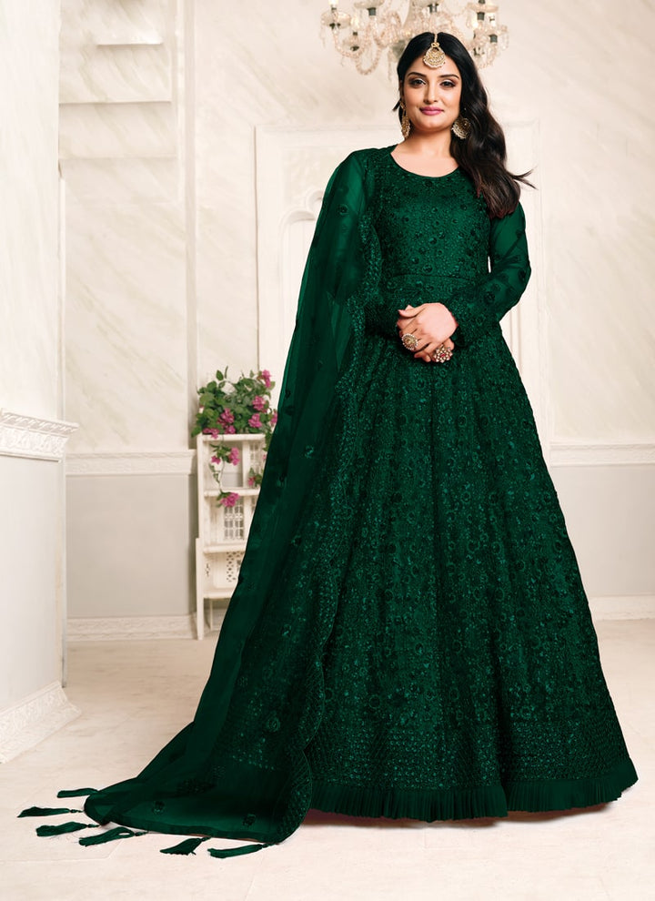 Lassya Fashion Green Elegant Anarkali Dress with Net Top and Dupatta