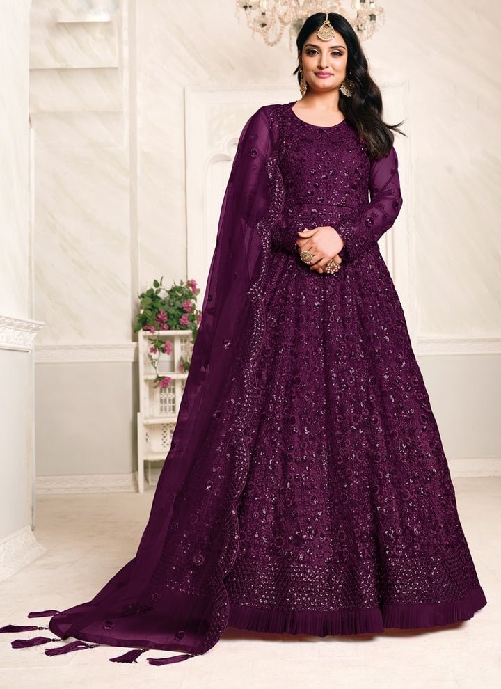 Lassya Fashion Puprle Elegant Anarkali Dress with Net Top and Dupatta