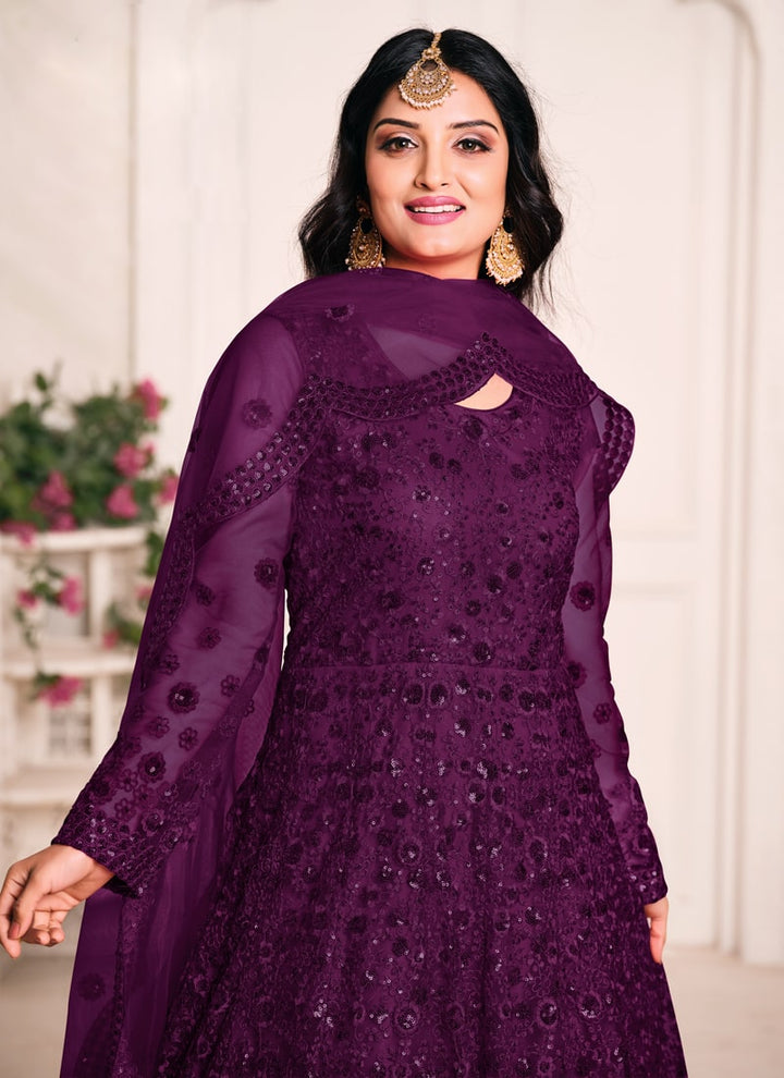 Lassya Fashion Puprle Elegant Anarkali Dress with Net Top and Dupatta