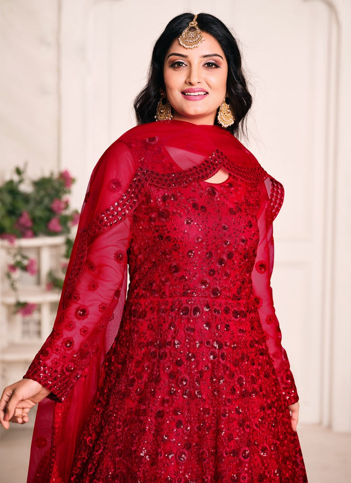 Lassya Fashion Red Elegant Anarkali Dress with Net Top and Dupatta