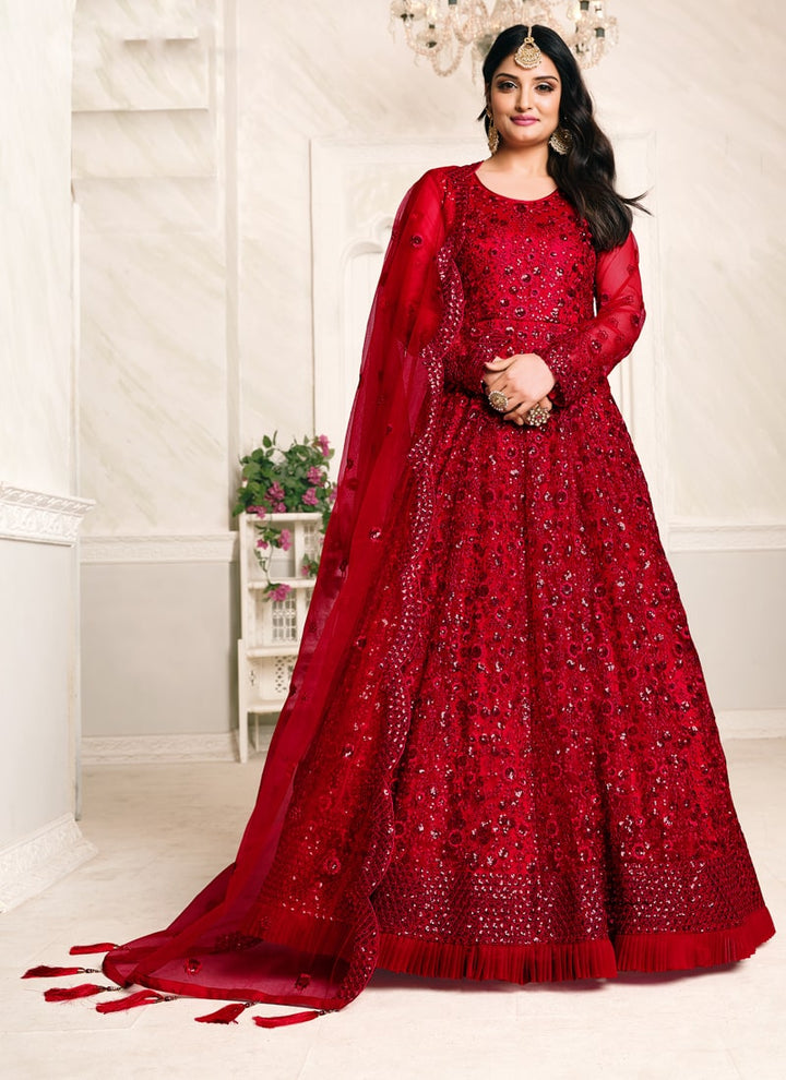 Lassya Fashion Red Elegant Anarkali Dress with Net Top and Dupatta