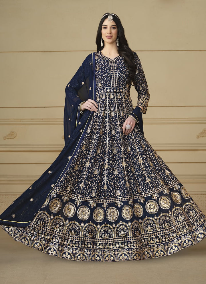 Lassya Fashion Navy Blue Wedding Wear Gown with Faux Georgette and Santoon