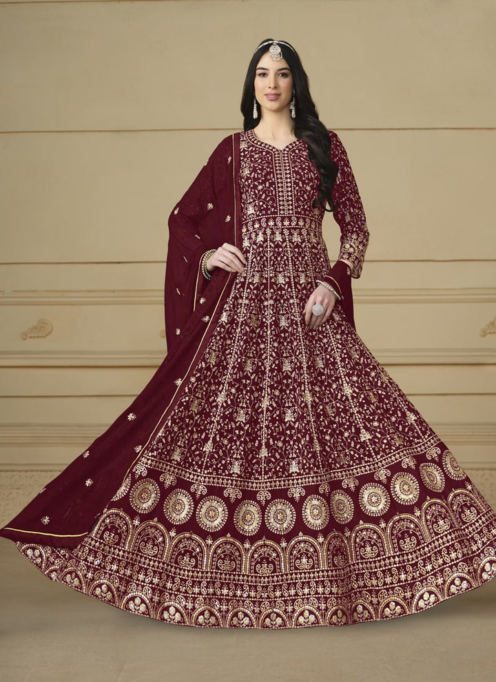 Lassya Fashion Brown-Red Wedding Wear Gown with Faux Georgette and Santoon