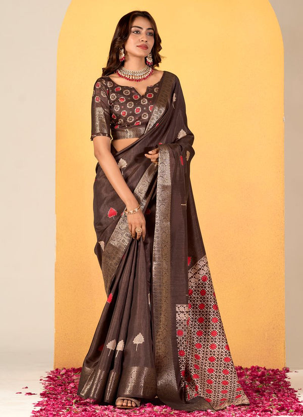 Lassya Fashion Coffee Brown Soft Dola Silk Foil Print Saree