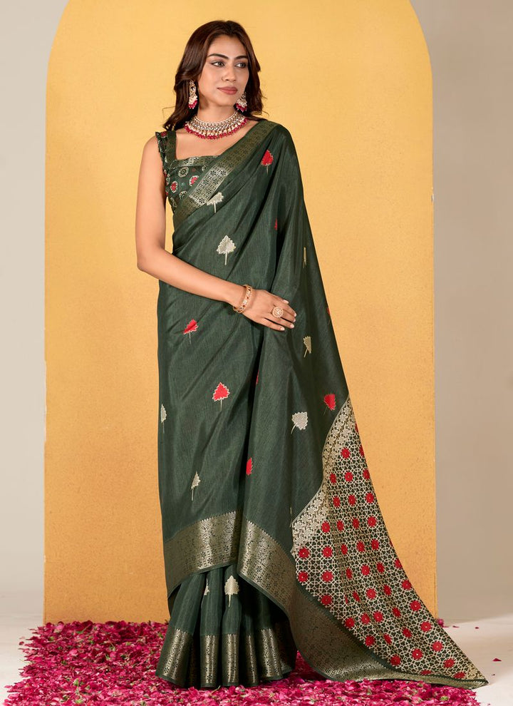 Lassya Fashion Pine Green Soft Dola Silk Foil Print Saree