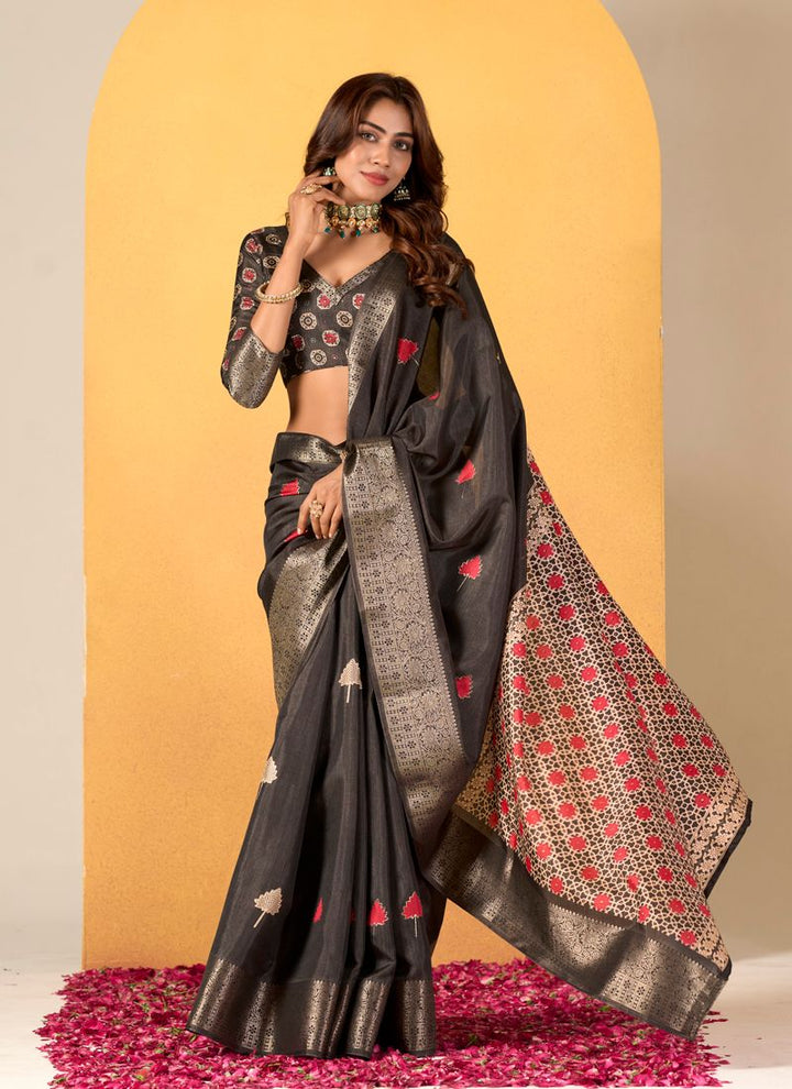 Lassya Fashion Black Soft Dola Silk Foil Print Saree