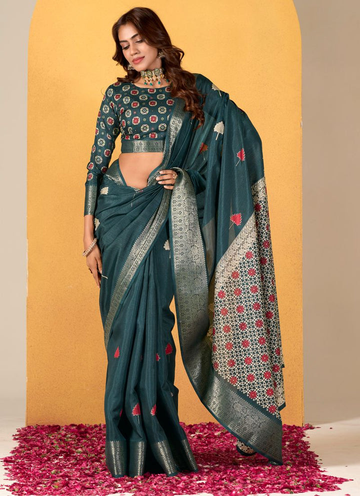 Lassya Fashion Teal Green Soft Dola Silk Foil Print Saree