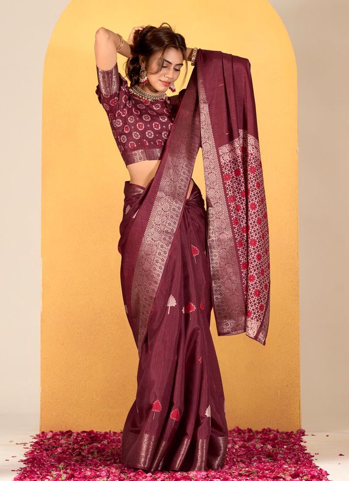 Lassya Fashion Maroon Red Soft Dola Silk Foil Print Saree