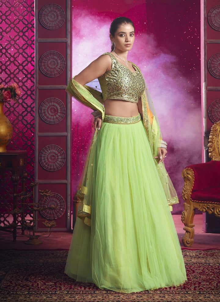 Lassya Fashion Pista Green Premium Net and Silk Engagement Lehenga