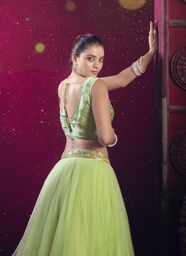 Lassya Fashion Pista Green Premium Net and Silk Engagement Lehenga