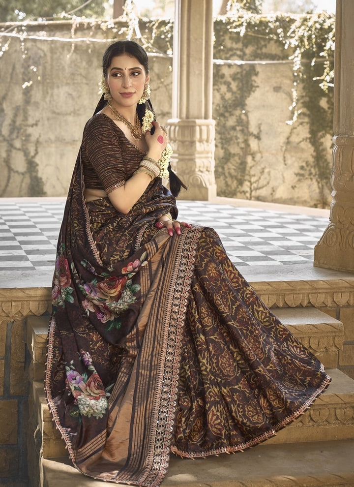 Lassya Fashion Dark Brown Designer Festive Saree with Gota Minakari Work