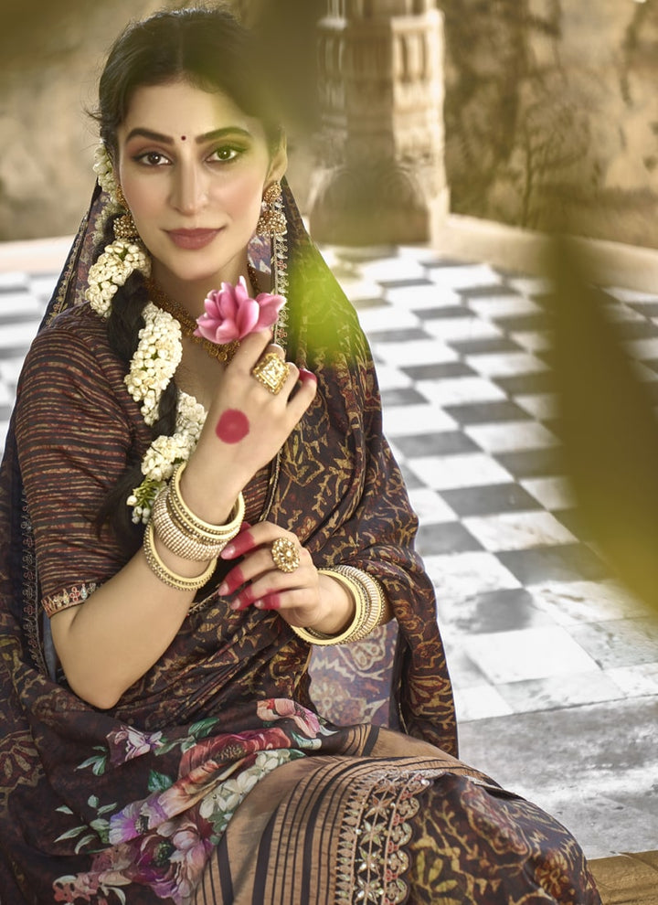 Lassya Fashion Dark Brown Designer Festive Saree with Gota Minakari Work