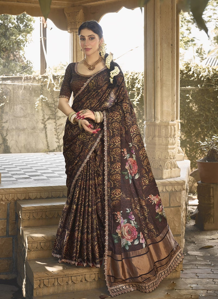 Lassya Fashion Dark Brown Designer Festive Saree with Gota Minakari Work